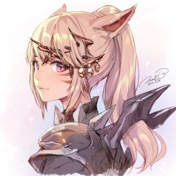 Rule 34 | 10s, 1girl, 2016, animal ears, armor, artist name, blonde hair, cat ears, dated, facial mark, final fantasy, final fantasy xiv, from side, hair ornament, high ponytail, lips, long hair, looking at viewer, miqo&#039;te, momoko (momopoco), pauldrons, ponytail, purple eyes, shoulder armor, solo, upper body, warrior of light (ff14)