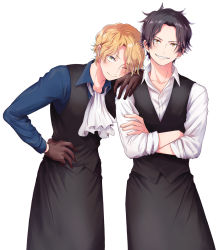 Rule 34 | 2boys, apron, black apron, black hair, black vest, blonde hair, blue shirt, brown gloves, closed mouth, collar, collarbone, collared shirt, crossed arms, gloves, hand on another&#039;s shoulder, hand on own hip, highres, long sleeves, looking at viewer, male focus, multiple boys, nyuu men, one eye closed, one piece, parted bangs, portgas d. ace, sabo (one piece), scar, scar across eye, scar on face, shirt, short hair, simple background, smile, standing, uniform, vest, waiter, white background, white neckwear, white shirt, yellow eyes