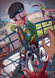 Rule 34 | 1girl, absurdres, bayonet, beret, black footwear, black headwear, blood, blood on clothes, blood on face, blood on hands, bolt action, borrowed character, breasts, collared shirt, commission, ender haziq15, green jacket, green necktie, gun, hat, highres, jacket, large breasts, lower teeth only, medium breasts, military, military uniform, necktie, open mouth, original, pov, red eyes, ribbon, shirt, short hair, stab, teeth, twitter username, uniform, watermark, weapon, white hair, white shirt, wing collar