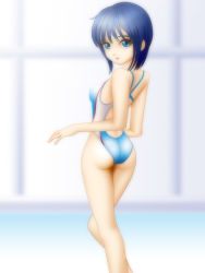 Rule 34 | 1girl, ass, back, blue eyes, blue hair, blurry, breasts, competition swimsuit, covered erect nipples, depth of field, female focus, from behind, highres, indoors, legs, looking at viewer, looking back, matching hair/eyes, one-piece swimsuit, pool, poolside, samejima makoto, samejima minoru, short hair, small breasts, solo, standing, swimsuit, water, window