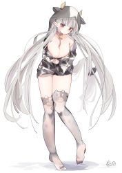 Rule 34 | 1girl, absurdres, alternate costume, animal hood, animal print, azur lane, bell, between breasts, breasts, cleavage, cow hood, cow print, cowbell, formidable (azur lane), highres, hood, large breasts, long hair, neck bell, red eyes, rope, signature, silver hair, simple background, solo, thighhighs, twintails, uduki (nissi), very long hair, white background