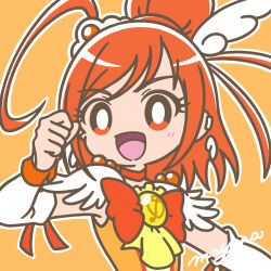 Rule 34 | &gt;:), 1girl, blush, bow, bright pupils, choker, clenched hand, cure sunny, detached sleeves, earrings, eyelashes, frills, hair bun, hair flaps, highres, hino akane (smile precure!), jewelry, looking at viewer, magical girl, mayena, open mouth, orange background, orange choker, orange eyes, orange hair, orange theme, outline, precure, short hair, signature, simple background, single hair bun, smile, smile precure!, solo, tiara, upper body, v-shaped eyebrows, white outline, white pupils, wing earrings, wing hair ornament