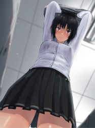 Rule 34 | 1girl, amagami, arms up, black hair, black skirt, blush, breasts, brown eyes, ceiling, ceiling light, clothes lift, commentary, cowboy shot, dress shirt, fluorescent lamp, foreshortening, from below, grey sweater vest, highres, kibito high school uniform, lifted by self, light particles, light smile, locker, locker room, looking at viewer, looking down, medium breasts, nanasaki ai, nose blush, pleated skirt, raised eyebrows, school uniform, shirt, short hair, skirt, smile, solo, sweater, sweater lift, sweater vest, thighs, undressing, uniform, wet, wet clothes, wet shirt, white shirt, yoo tenchi
