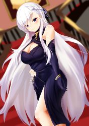Rule 34 | 1girl, absurdres, azur lane, bare shoulders, belfast (azur lane), belfast (the noble attendant) (azur lane), blush, bracelet, breasts, cleavage, commentary request, dress, elbow gloves, gloves, hair ribbon, highres, jewelry, large breasts, long dress, long hair, purple dress, purple eyes, purple gloves, purple ribbon, ribbon, shinka (yonkun121), side slit, silver hair, smile, solo, stairs, very long hair
