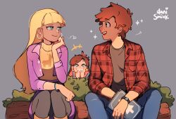 1boy 2girls absurdres artist_name blonde_hair blue_eyes blunt_bangs book bow bracelet brother_and_sister brown_eyes brown_hair bush checkered_clothes checkered_shirt closed_mouth couple cowboy_shot danismilek dipper_pines earrings freckles gravity_falls grey_background grin hair_bow hashtag-only_commentary hetero highres holding holding_book hoop_earrings jacket jewelry log long_hair looking_at_another mabel_pines multiple_girls open_clothes open_jacket open_mouth open_shirt pacifica_northwest peeking purple_jacket raised_eyebrow shirt short_hair siblings simple_background sitting sleeves_rolled_up smile sparkle star-shaped_pupils star_(symbol) star_earrings symbol-shaped_pupils turtleneck twins watch wristwatch