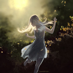Rule 34 | 1girl, barefoot, commentary, dancing, dress, english commentary, facing viewer, leaf, long hair, nature, original, outdoors, solo, standing, watermark, web address, white dress, white hair, wind, yuumei