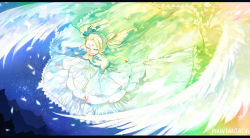 Rule 34 | 1girl, angel wings, bare shoulders, blonde hair, bow, collarbone, colorful, copyright name, detached sleeves, dress, closed eyes, feathers, hair bow, hairband, large wings, letterboxed, long hair, night, night sky, outstretched arms, pixiv fantasia, pixiv fantasia sword regalia, pointy ears, silverwing, sky, solo, star (sky), starry sky, strapless, strapless dress, twintails, white dress, wide sleeves, wings