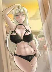 Rule 34 | 1girl, absurdres, adjusting clothes, adjusting panties, arm up, armpits, arms up, balcony, blue eyes, bra, breasts, highres, large breasts, lingerie, lip biting, navel, nayaasebeleguii, newgrounds, panties, rwby, seductive smile, smile, solo, sunset, underwear, weiss schnee, white hair