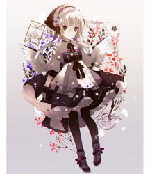 Rule 34 | 1girl, black footwear, black skirt, blush, closed mouth, commentary, flower, frills, full body, grey background, hair between eyes, hair flower, hair ornament, long hair, long sleeves, looking at viewer, original, pantyhose, personification, shirt, simple background, skirt, smile, solo, white shirt, wings, wrist cuffs, yuzuyomogi