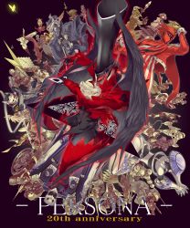 Rule 34 | 10s, 909s, anniversary, apollo (persona 2), arsene (persona 5), ascot, black background, bug, butterfly, colored skin, copyright name, english text, everyone, highres, holding, holding sword, holding weapon, insect, izanagi (persona 4), mask, monster, no humans, persona, persona 1, persona 2, persona 2 batsu, persona 2 tsumi, persona 3, persona 4, persona 5, purple background, shirt, simple background, striped clothes, striped shirt, sword, thanatos (persona), unworn mask, weapon, white ascot