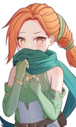 Rule 34 | 1girl, bare shoulders, blue scarf, blush, cath (fire emblem), covering own mouth, dress, elbow gloves, fingerless gloves, fire emblem, fire emblem: the binding blade, gloves, green dress, green gloves, highres, long hair, looking at viewer, melenas (twdy2773), nintendo, orange eyes, orange hair, scarf, solo, upper body
