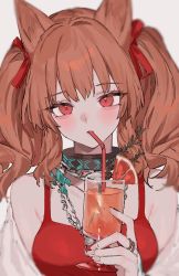 Rule 34 | 1girl, angelina (arknights), angelina (summer flower) (arknights), animal ears, aogisa, arknights, bare shoulders, blush, breasts, brown hair, casual one-piece swimsuit, chain, closed eyes, collar, collarbone, cup, drink, drinking glass, drinking straw, fox ears, grapefruit, grapefruit slice, hair ribbon, highres, holding, holding cup, infection monitor (arknights), jewelry, long hair, medium breasts, necklace, off shoulder, official alternate costume, one-piece swimsuit, red eyes, red one-piece swimsuit, red ribbon, ribbon, ring, simple background, solo, swimsuit, twintails, upper body, white background