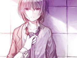 Rule 34 | 1boy, androgynous, closed mouth, female pov, jacket, jacket partially removed, komota (kanyou shoujo), looking at viewer, male focus, monochrome, necktie, necktie grab, neckwear grab, original, pov, pov hands, shirt, solo, solo focus