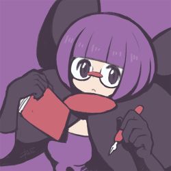 Rule 34 | 1girl, black eyes, black gloves, blunt bangs, bob cut, book, breasts, closed mouth, creatures (company), elbow gloves, elite four, frown, game freak, glasses, gloves, hands up, holding, holding book, holding pen, long sleeves, looking at viewer, nintendo, pen, pokemon, pokemon bw, purple background, purple shirt, reiesu (reis), rimless eyewear, round eyewear, shauntal (pokemon), shirt, short hair, simple background, small breasts, solo, upper body