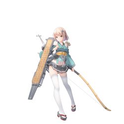Rule 34 | 1girl, arrow (projectile), black skirt, bow (weapon), breasts, brown eyes, brown hair, closed mouth, detached sleeves, ello, flight deck, frown, full body, hair ornament, holding, holding bow (weapon), holding weapon, long sleeves, looking at viewer, machinery, nontraditional miko, official art, pleated skirt, quiver, short hair, skirt, solo, souryuu (warship girls r), thighhighs, transparent background, turret, warship girls r, weapon, white hair, white thighhighs, wide sleeves