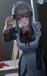 Rule 34 | 1girl, absurdres, apron, arm up, blonde hair, blood, blood on clothes, blood on hands, blush, breasts, feet out of frame, highres, leaning forward, long hair, looking at viewer, maid, maid apron, maid headdress, medium breasts, mohaka (m 0haka), neck ribbon, open mouth, original, purple eyes, red ribbon, ribbon, simple background, smile, solo, standing, torn apron, torn clothes