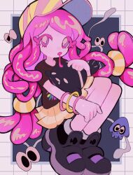 Rule 34 | 1girl, absurdres, black footwear, black shirt, bracelet, commentary, drooling, english commentary, grizzace, highres, jewelry, long hair, multiple bracelets, nintendo, open mouth, pink eyes, pink hair, shirt, shoes, skirt, sneakers, solo, splatoon (series), t-shirt, thick eyelashes, yellow skirt