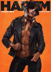 Rule 34 | 1girl, abs, absurdres, animal hat, axis (monori rogue), black hair, black jacket, black pants, breast tattoo, breasts, cabbie hat, cat hat, cigarette, commentary, contrapposto, cover, denim, english commentary, english text, facing viewer, fake magazine cover, fashion, gluteal fold, hair between eyes, hat, head tilt, headphones, headphones around neck, highres, jacket, jeans, leather, leather jacket, lips, looking at viewer, magazine cover, makeup, mascara, medium breasts, monori rogue, multicolored hair, navel, no bra, nose, open clothes, open fly, open jacket, orange background, orange eyes, original, pants, short hair, smoke, smoking, solo, standing, stomach, tattoo, two-tone hair, white hair, wireless