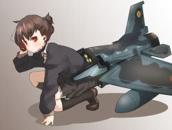 Rule 34 | 1girl, aircraft, airplane, amonitto, brown hair, f-2, hand in own hair, long sleeves, looking at viewer, machinery, mecha musume, original, personification, ponytail, red eyes, shirt, skirt, solo, squatting