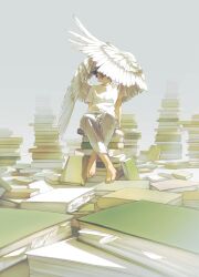 Rule 34 | 1boy, barefoot, black hair, book, book stack, feathered wings, feathers, highres, male focus, original, pants, rido (ridograph), shirt, short hair, sitting, solo, white pants, white shirt, white wings, wings
