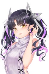 Rule 34 | 1girl, absurdres, aran sweater, backless dress, backless outfit, black hair, blush, breasts, cable knit, commentary request, demon girl, demon horns, dress, grey sweater, hair ribbon, halterneck, highres, horns, kojo anna, kojo anna (3rd costume), long hair, looking at viewer, medium breasts, meme attire, multicolored hair, nanashi inc., official alternate costume, open mouth, pointy ears, purple hair, ribbed sweater, ribbon, robou no stone, simple background, smile, solo, sweater, sweater dress, transparent background, turtleneck, turtleneck sweater, twintails, two-tone hair, upper body, virgin killer sweater, virtual youtuber, white ribbon, yellow eyes