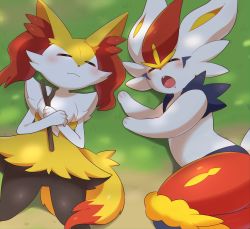 Rule 34 | 2girls, :3, absurdres, animal ear fluff, animal ears, animal nose, black fur, blue fur, blush, body fur, braixen, buck teeth, chromatic aberration, cinderace, closed eyes, closed mouth, creatures (company), crossed arms, dappled sunlight, day, drooling, female focus, flat chest, fox ears, fox girl, fox tail, from above, furry, furry female, game freak, gen 6 pokemon, gen 8 pokemon, grass, green background, hands up, happy, highres, holding, holding stick, lying, multicolored fur, multiple girls, neck fur, nintendo, on back, on ground, on side, open mouth, outdoors, own hands together, pokemon, pokemon (creature), rabbit ears, rabbit girl, rabbit tail, red fur, red hair, saliva, short hair, sleeping, smile, stick, subaru331, sunlight, tail, teeth, thick thighs, thighs, white fur, yellow fur