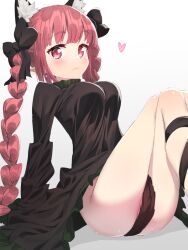 Rule 34 | 1girl, bare shoulders, black dress, braid, cat girl, commentary request, dress, kaenbyou rin, looking at viewer, polpol, red eyes, sitting, smile, solo, touhou, twin braids