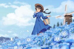 Rule 34 | 1girl, :d, arisa (aren), artist name, black hair, blue dress, blue flower, blue sky, blue theme, blurry, blurry background, blush, braid, bug, butterfly, cloud, day, dress, field, flower, flower field, green eyes, hand on own ear, hand up, highres, insect, long hair, long sleeves, looking ahead, nemophila (flower), open mouth, original, outdoors, signature, sky, smile, solo, standing, twin braids, twintails, wind, windmill