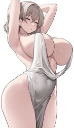 Rule 34 | 1girl, armpits, arms behind head, arms up, backless dress, backless outfit, bare shoulders, blush, breasts, closed eyes, covered navel, cowboy shot, curvy, dress, grey hair, hair between eyes, highres, huge breasts, nago purin, parted lips, plunging neckline, sideboob, sideless dress, simple background, sleeveless, sleeveless dress, solo, standing, thick thighs, thighs, uzaki-chan wa asobitai!, uzaki tsuki, white background, white dress