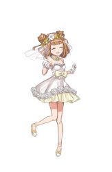 Rule 34 | 1girl, :d, bare shoulders, beatrice (princess principal), bow, brown eyes, brown hair, double bun, dress, earrings, facing viewer, flower, frilled dress, frills, full body, gloves, hair bun, hair flower, hair ornament, hand up, highres, jewelry, official art, open mouth, princess principal, princess principal game of mission, short hair, smile, solo, standing, standing on one leg, transparent background, white bow, white dress, white gloves