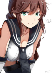 Rule 34 | 1girl, ?, bad id, bad pixiv id, bare shoulders, belko, blush, braid, breasts, brown hair, cleavage, closed mouth, commentary request, gloves, green eyes, hair between eyes, hanging breasts, highres, kantai collection, large breasts, leaning forward, long hair, looking at viewer, necktie, noshiro (kancolle), red skirt, sailor collar, school uniform, serafuku, simple background, skirt, smile, solo, spoken question mark, swept bangs, thighhighs, thighs, twin braids, white background, white gloves