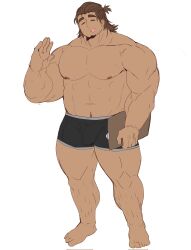 Rule 34 | 1boy, = =, abs, bara, black male underwear, boxers, brown hair, bulge, dark-skinned male, dark skin, facial hair, full body, goatee, hand up, happy aura, highres, holding, holding notebook, large pectorals, leg hair, leoandaslan (leobongnana), male focus, male underwear, mature male, medium hair, muscular, muscular male, navel, navel hair, nipples, notebook, original, pectorals, ponytail, sideburns, solo, standing, stomach, thick eyebrows, thick thighs, thighs, topless male, underwear, underwear only, waving