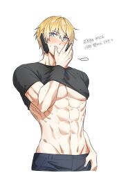 Rule 34 | ..., 1boy, abs, bare pectorals, black pants, black shirt, blonde hair, blue eyes, blush, clothes lift, commentary request, hair between eyes, headphones, highres, lee: hyperreal (punishing: gray raven), lee (punishing: gray raven), male focus, muscular, muscular male, myam (123ab456c), pants, pectorals, punishing: gray raven, shirt, shirt lift, short hair, short sleeves, solo, spoken ellipsis, translation request, white background