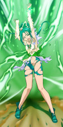Rule 34 | 00s, 1girl, akimoto komachi, bike shorts, butterfly hair ornament, cure mint, green eyes, green hair, green shorts, green theme, hair ornament, hajime (caramel toone), magical girl, matching hair/eyes, panties, precure, shorts, solo, torn clothes, underwear, yes! precure 5