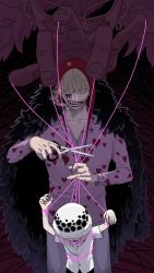 Rule 34 | 3boys, aged down, bare arms, behind another, blonde hair, brothers, cape, child, cigarette, closed eyes, collarbone, detached hood, donquixote doflamingo, donquixote rocinante, earrings, evil grin, evil smile, fingernails, fur cape, grin, hat, heart, heart print, highres, holding, holding scissors, hood, hood up, jewelry, long sleeves, makeup, male focus, mouth hold, multiple boys, one piece, print shirt, restrained, scissors, shakuyouka, shirt, short sleeves, siblings, smile, smoke, smoking, string, sunglasses, teeth hold, trafalgar law