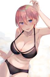 Rule 34 | 1girl, absurdres, arm support, arm up, bare shoulders, bikini, black bikini, blue eyes, blush, breasts, cleavage, collarbone, commentary, go-toubun no hanayome, hair between eyes, highres, large breasts, looking at viewer, nakano ichika, navel, open mouth, pink hair, short hair, simple background, single sidelock, sitting, solo, swimsuit, white background, yuunamida uyu