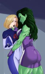 Rule 34 | 2girls, ass, blonde hair, blue eyes, bound, breasts, finger to mouth, forced, gloves, green eyes, green hair, groping, highres, invisible woman, jennifer walters, long hair, marvel, multiple girls, muscular, muscular female, open mouth, she-hulk, short hair, skin tight, strong woman, sue storm, thick thighs, thighs, tongue, tongue out, unkownc, yuri