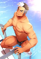 Rule 34 | 1boy, abs, asymmetrical hair, bara, black hair, bulge, closed mouth, day, highres, large pectorals, looking at viewer, male focus, muscular, muscular male, navel, nipples, outdoors, pectorals, scar, scar on chest, scar on face, scar on nose, short hair, sidecut, smile, solo, sudo (sudo kurokawa), takashi shirogane, thick thighs, thighs, too many, too many scars, undercut, voltron: legendary defender, voltron (series), water, white hair