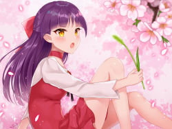Rule 34 | 1girl, :o, bare legs, blunt bangs, blush, bow, brooch, cherry blossoms, dress, ears visible through hair, fang, feet out of frame, flat chest, from side, gegege no kitarou, gem, hair bow, half updo, holding, jewelry, knees up, long hair, long sleeves, looking at viewer, looking to the side, naomi (fantasia), nekomusume, nekomusume (gegege no kitarou 6), open mouth, pointy ears, red bow, red dress, shirt, signature, sitting, solo, sparkle, straight hair, v-shaped eyebrows, wheat, white shirt, yellow eyes