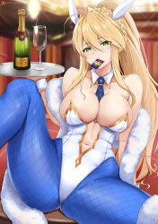 Rule 34 | 1girl, animal ears, artoria pendragon (all), artoria pendragon (fate), artoria pendragon (swimsuit ruler) (fate), blonde hair, blue neckwear, blue pantyhose, bottle, braid, breasts, card, clothing cutout, cup, cyicheng, detached collar, drinking glass, fake animal ears, fate/grand order, fate (series), feather boa, fishnet pantyhose, fishnets, french braid, green eyes, hair between eyes, highleg, highleg leotard, holding, holding tray, large breasts, leotard, long hair, mouth hold, navel, navel cutout, pantyhose, playboy bunny, playing card, ponytail, rabbit ears, sidelocks, solo, strapless, strapless leotard, tray, white leotard, wrist cuffs