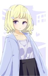 Rule 34 | 1girl, :o, absurdres, black skirt, blonde hair, blue jacket, breasts, collarbone, commentary request, hair ornament, hairclip, high-waist skirt, highres, jacket, jyoji00, long sleeves, looking at viewer, medium hair, open clothes, open jacket, original, parted lips, purple background, purple eyes, shirt, skirt, small breasts, solo, two-tone background, white background, white shirt