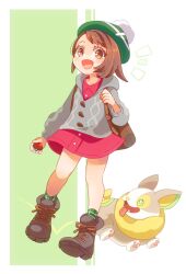 Rule 34 | 1girl, brown eyes, brown footwear, brown hair, coat, creatures (company), dress, eyelashes, full body, game freak, gen 8 pokemon, gloria (pokemon), green hat, grey coat, hat, holding, holding poke ball, long sleeves, nintendo, open mouth, pink dress, poke ball, pokemon, pokemon (creature), pokemon swsh, shooting428star, short hair, yamper