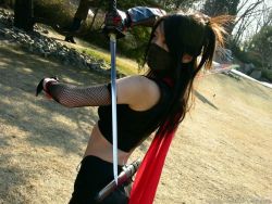 Rule 34 | asian, cosplay, female focus, fishnets, mask, midriff, ninja, photo (medium), ponytail, scarf, sword, wallpaper, weapon