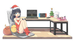 1girl bare_arms bare_shoulders black_hair blue_eyes cellphone chinese_commentary collarbone commentary_request computer cushion dark_souls_(series) dolphin_shorts feet fur-trimmed_headwear fur_trim hat hatsunatsu laptop long_hair makeup mirror nintendo_switch open_mouth original partial_commentary phone red_shorts red_socks red_tank_top rgb_lights santa_hat shorts sitting smartphone smile socks solo stirrup_legwear table tank_top toeless_legwear toes two_side_up wooden_floor xbox_controller