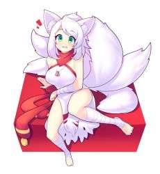 Rule 34 | 1girl, animal ears, breasts, commission, dog tags, fang, fizintine, fox ears, fox tail, green eyes, highres, large breasts, looking at viewer, original, parted lips, short hair, simple background, sitting, solo, swept bangs, tail, white hair