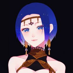 Rule 34 | 1girl, bare shoulders, black background, blue eyes, closed mouth, collarbone, commentary, earrings, g4265059, gradient hair, jewelry, kirishima touka, multicolored hair, official alternate costume, pink lips, portrait, simple background, solo, symbol-only commentary, tiara, tokyo ghoul, tokyo ghoul:re, two-tone hair