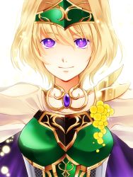 Rule 34 | 1girl, acacia (flower knight girl), armor, bad id, bad pixiv id, blonde hair, cape, circlet, flower knight girl, green armor, knenj, looking at viewer, name connection, object namesake, purple eyes, short hair, smile, solo, upper body, white background