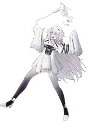 Rule 34 | 1girl, absurdres, ahoge, bandage over one eye, black pantyhose, commentary request, detached sleeves, dress, full body, gradient legwear, grey dress, grey hair, grey pantyhose, hair between eyes, highres, ideal, intravenous drip, long hair, no.21: xxi (punishing: gray raven), no.21 (punishing: gray raven), open mouth, pale skin, pantyhose, pill, pill bottle, punishing: gray raven, purple eyes, sidelocks, sleeves past fingers, sleeves past wrists, solo, unkempt, very long hair, white background