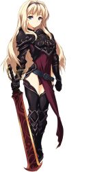 Rule 34 | 1girl, armor, armored boots, belt, blonde hair, blue eyes, blush, boots, breastplate, chain, full body, gauntlets, headband, highres, holding, holding weapon, kawata hisashi, kusugawa sasara, long hair, looking at viewer, pauldrons, pelvic curtain, shoulder armor, solo, standing, sword, thighhighs, to heart (series), to heart 2, to heart 2 dungeon travelers, transparent background, weapon