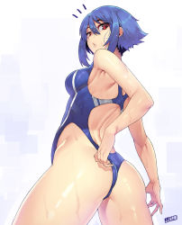 Rule 34 | 1girl, adjusting clothes, adjusting swimsuit, artist name, ass, blue hair, competition swimsuit, from behind, highres, jjune, looking back, one-piece swimsuit, original, parted lips, red eyes, short hair, solo, swimsuit, wedgie, wet, wet hair
